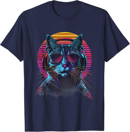 DJ Cat Techno Cat Music DJ Beatmaker Music Headphones EDM Women Kids T-Shirt - T-Shirt | Navy