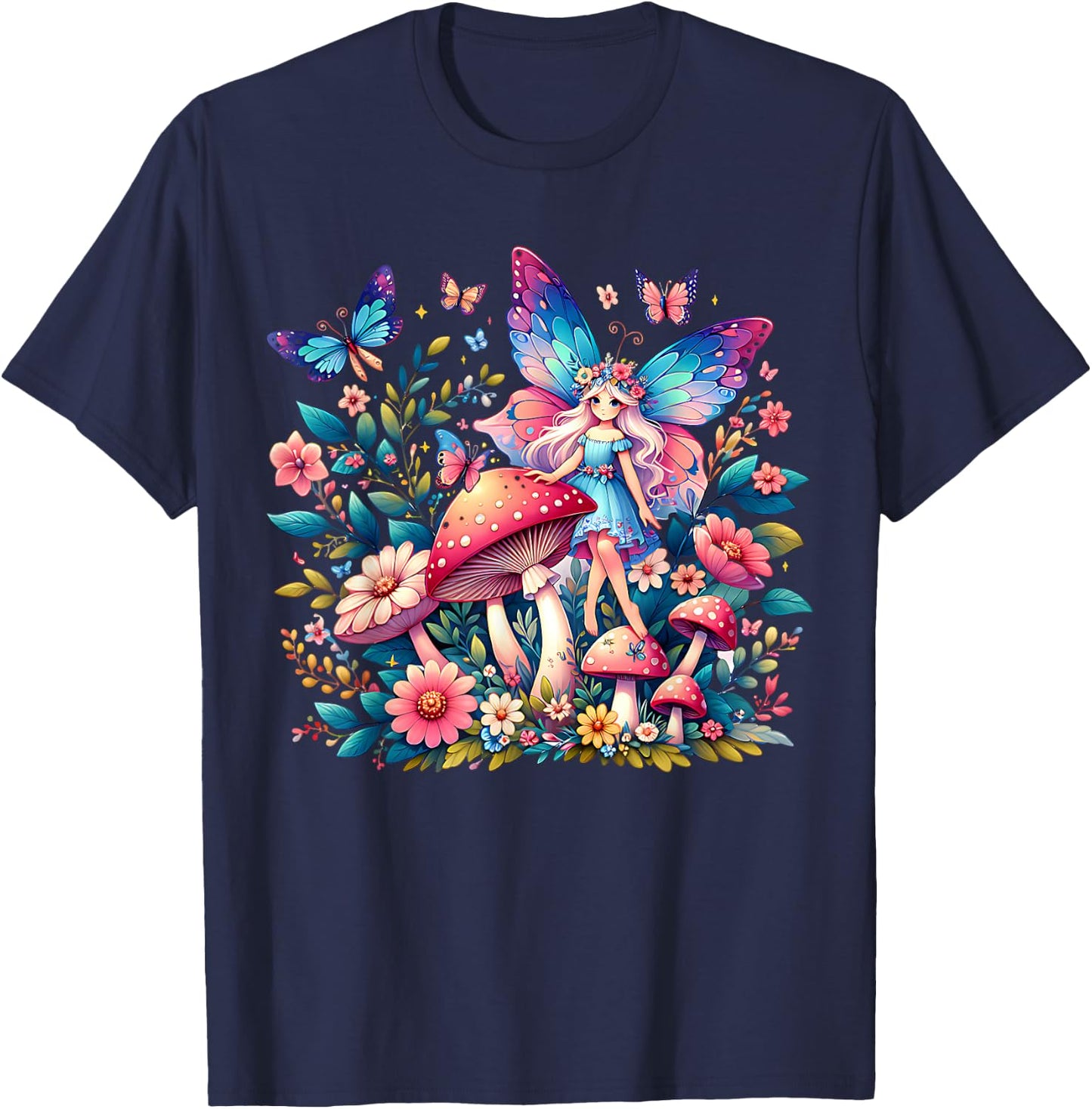 Enchanted Forest Fairy Fantasy Mystical Floral & Butterfly T-Shirt - T-Shirt | Navy