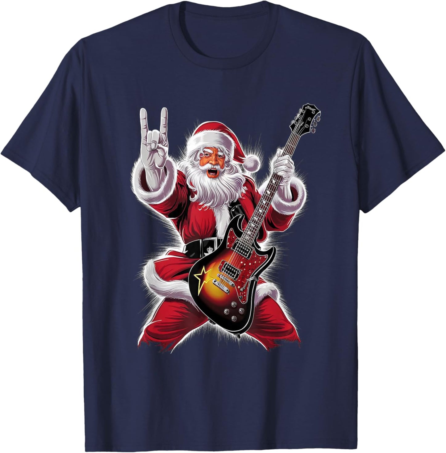 Rock & Roll Christmas Santa Claus Guitar Player T-Shirt - T-Shirt | Navy