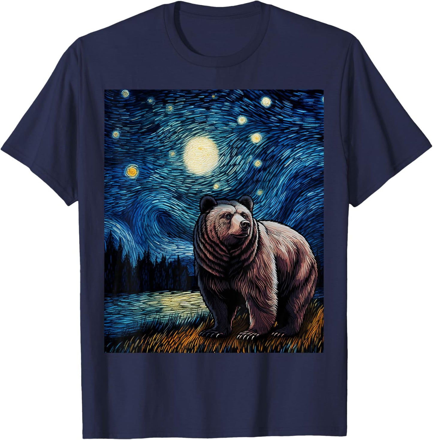 Graphic Grizzly Bear Van Gogh Starry Night Grizzlies Animal T-Shirt - T-Shirt | Navy