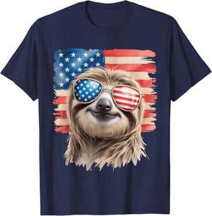 American Flag Sloth USA 4th Of July Patriotic Men Women T-Shirt - T-Shirt | Navy