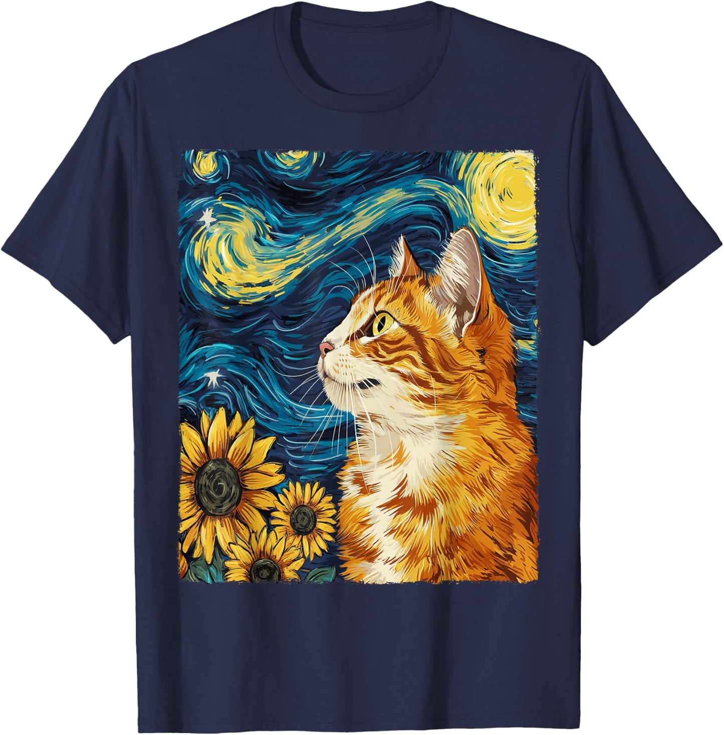 Cat Starry Night Apparel Gifts Graphic Cat Mom Cat Dad -Adults -Kids Black Small Round Collar Sunflower Graphic Modern T-Shirt - T-Shirt | Navy