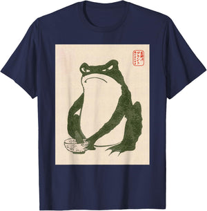 Grumpy Frog Japanese Art Print , Small, Black T-Shirt - T-Shirt | Navy