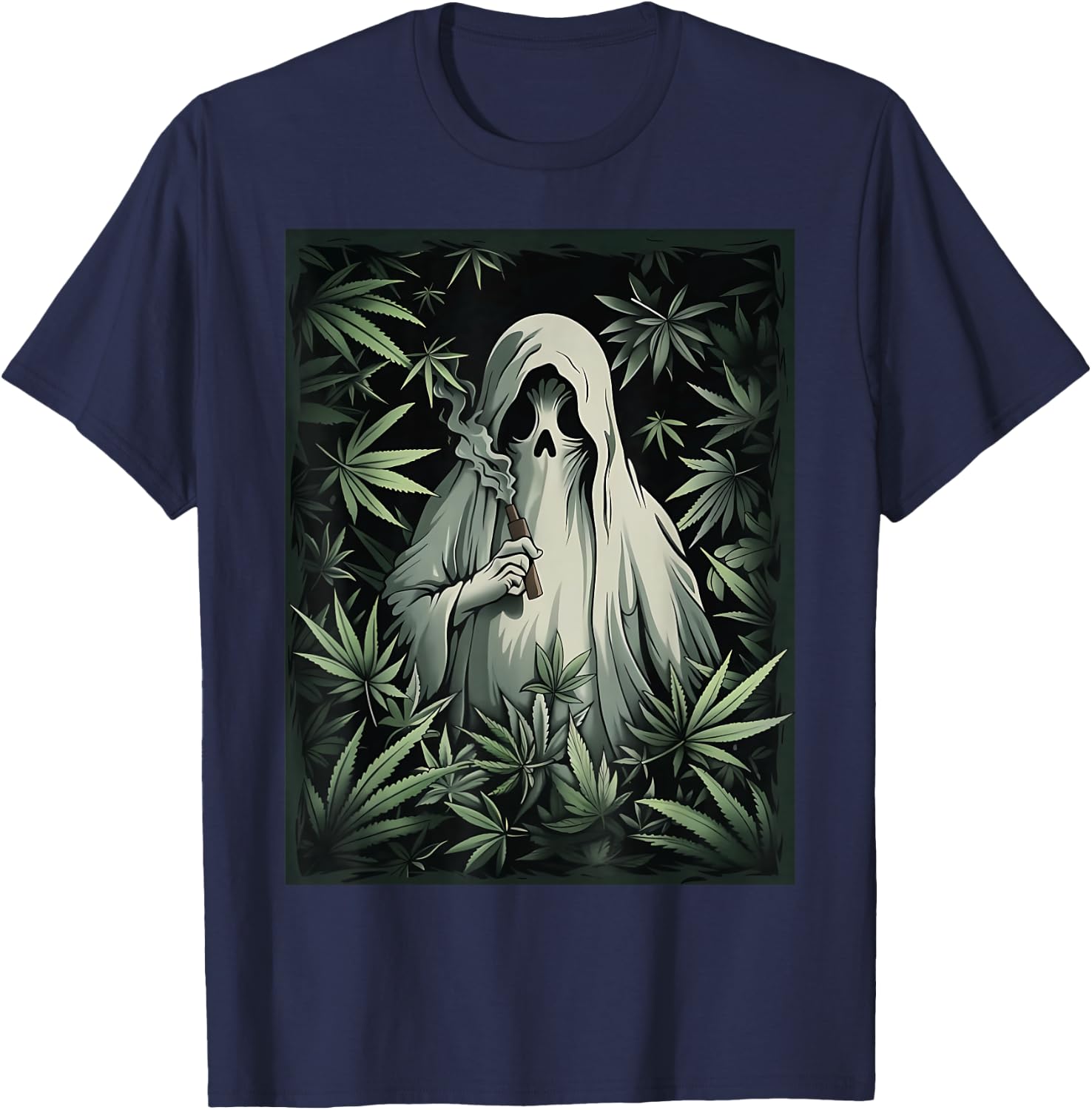 Halloween Ghost Smoking Weed 420 Stoner Cannabis Marijuana T-Shirt - T-Shirt | Navy