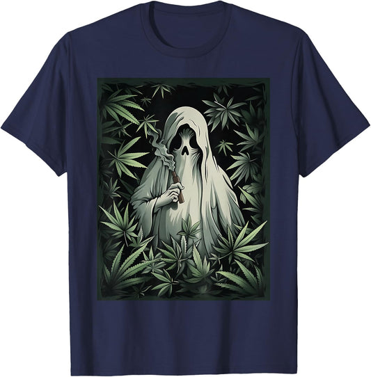 Halloween Ghost Smoking Weed 420 Stoner Cannabis Marijuana T-Shirt - T-Shirt | Navy