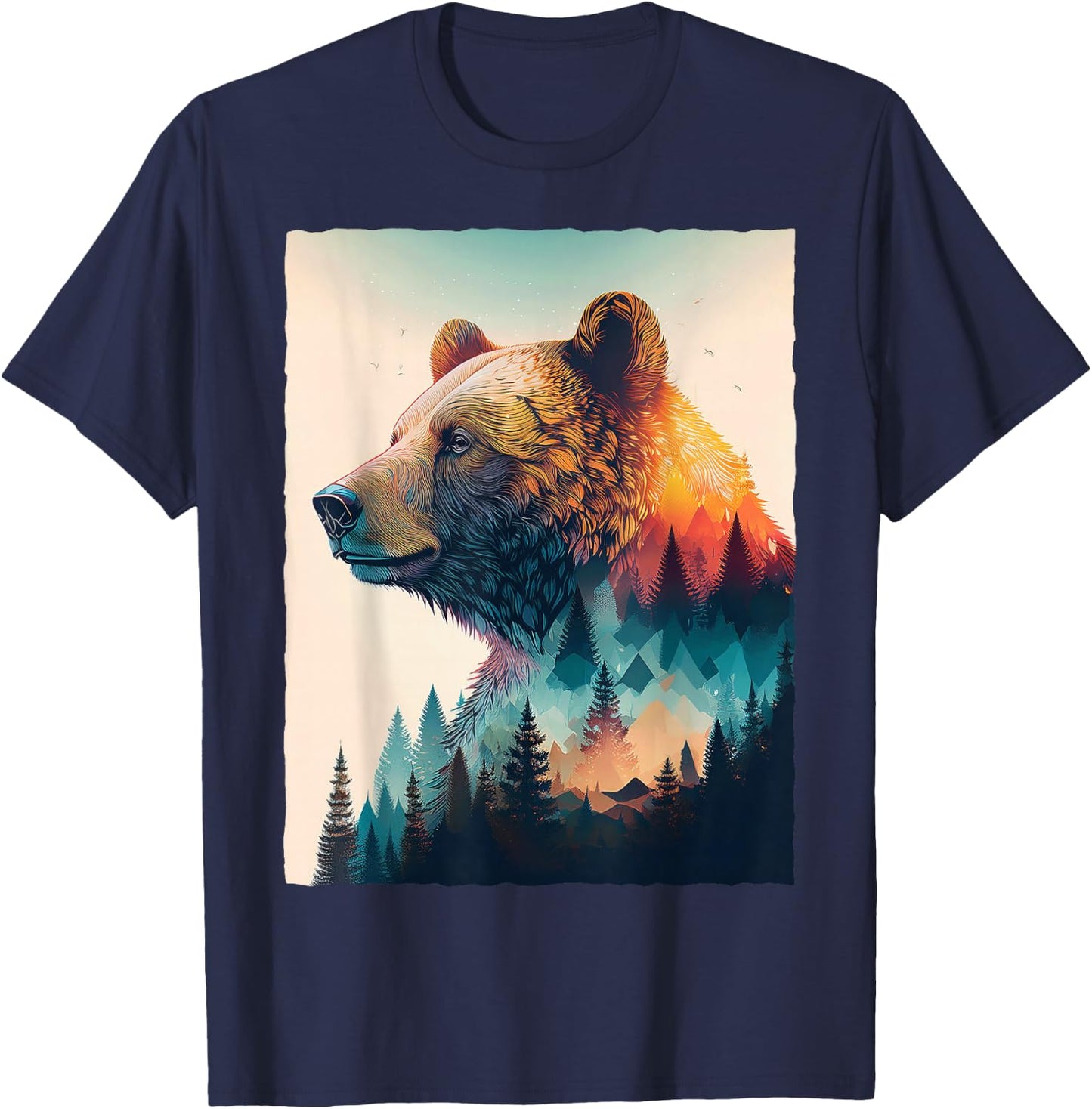 Grizzly Bear Forest Mountain Sunset Double Exposure Art T-Shirt - T-Shirt | Navy