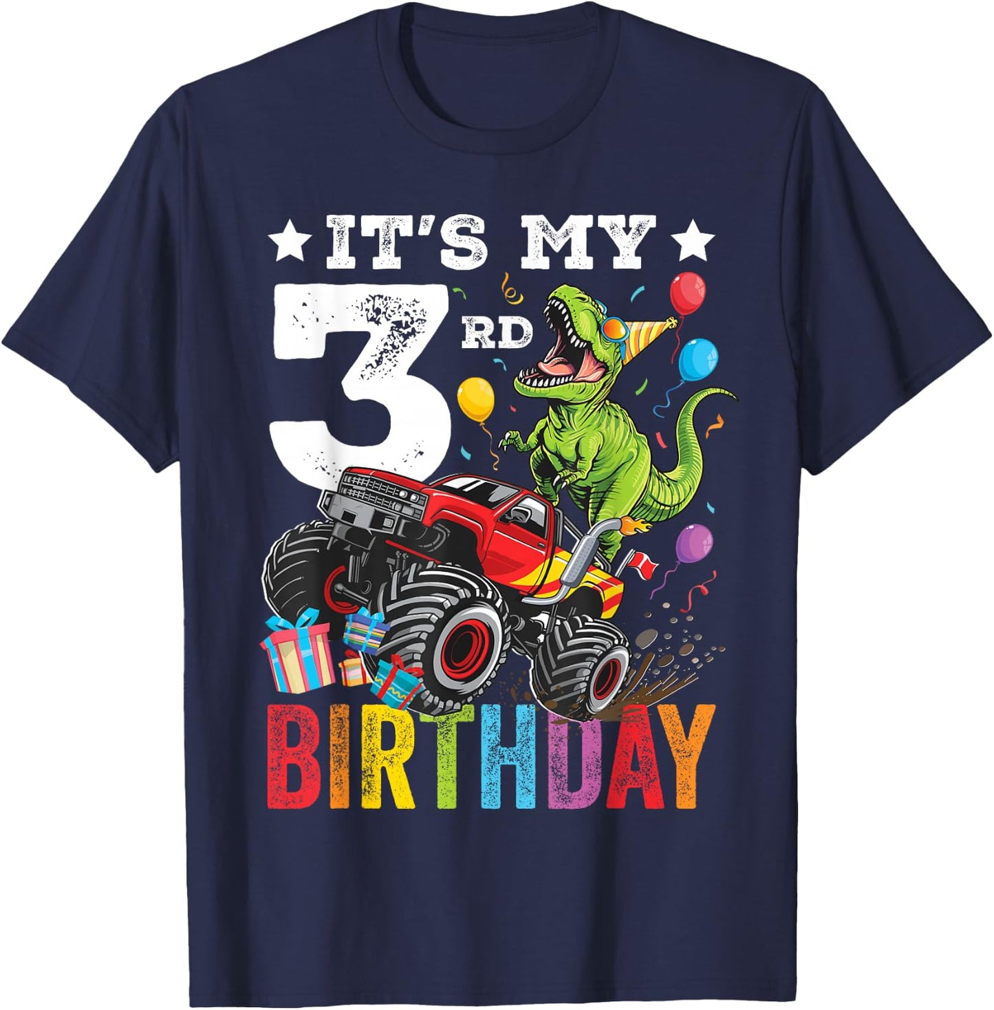 Three 3rd Birthday Dinosaur Monster Truck T-Shirt - T-Shirt | Navy
