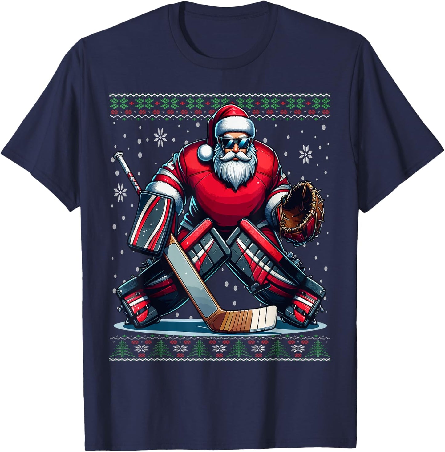Christmas Santa Hockey Goalie Ugly Christmas Sweater T-Shirt - T-Shirt | Navy