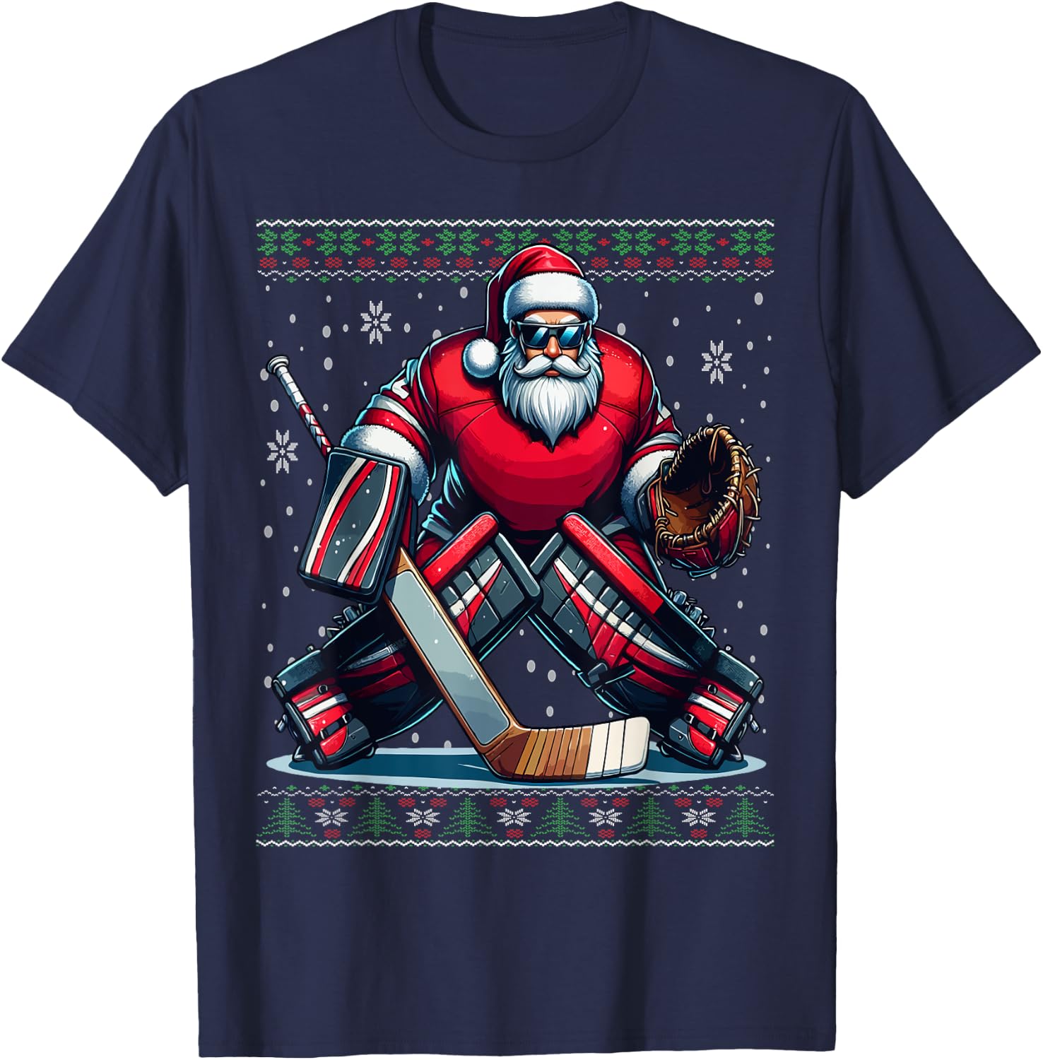Christmas Santa Hockey Goalie Ugly Christmas Sweater T-Shirt - T-Shirt | Navy