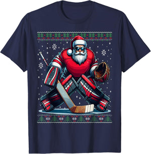 Christmas Santa Hockey Goalie Ugly Christmas Sweater T-Shirt - T-Shirt | Navy