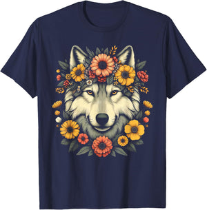 Wolf Flower Crown Floral T-Shirt - T-Shirt | Navy