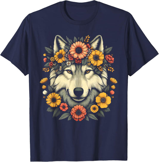 Wolf Flower Crown Floral T-Shirt - T-Shirt | Navy