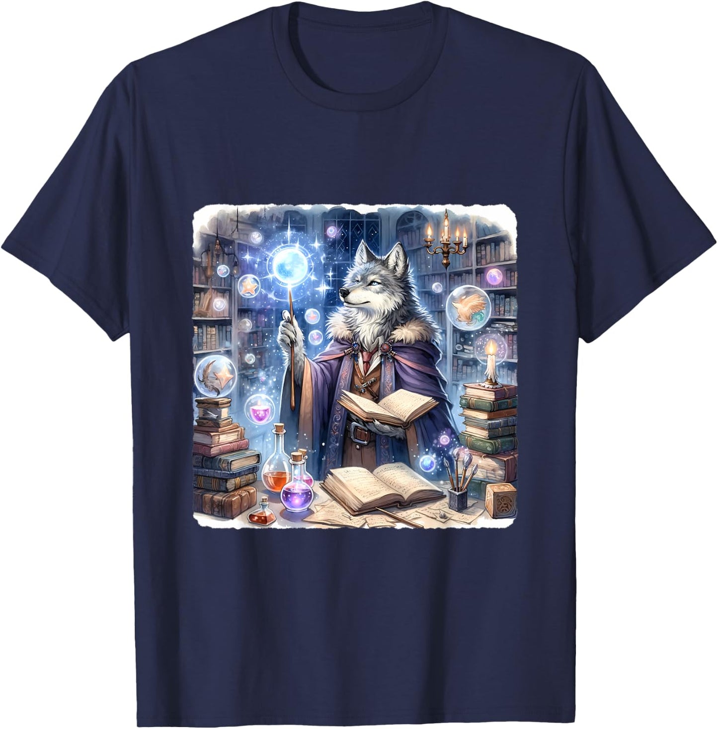 Wolf Wizard Casting Spells With Luminous Wand. Books Potions T-Shirt - T-Shirt | Navy