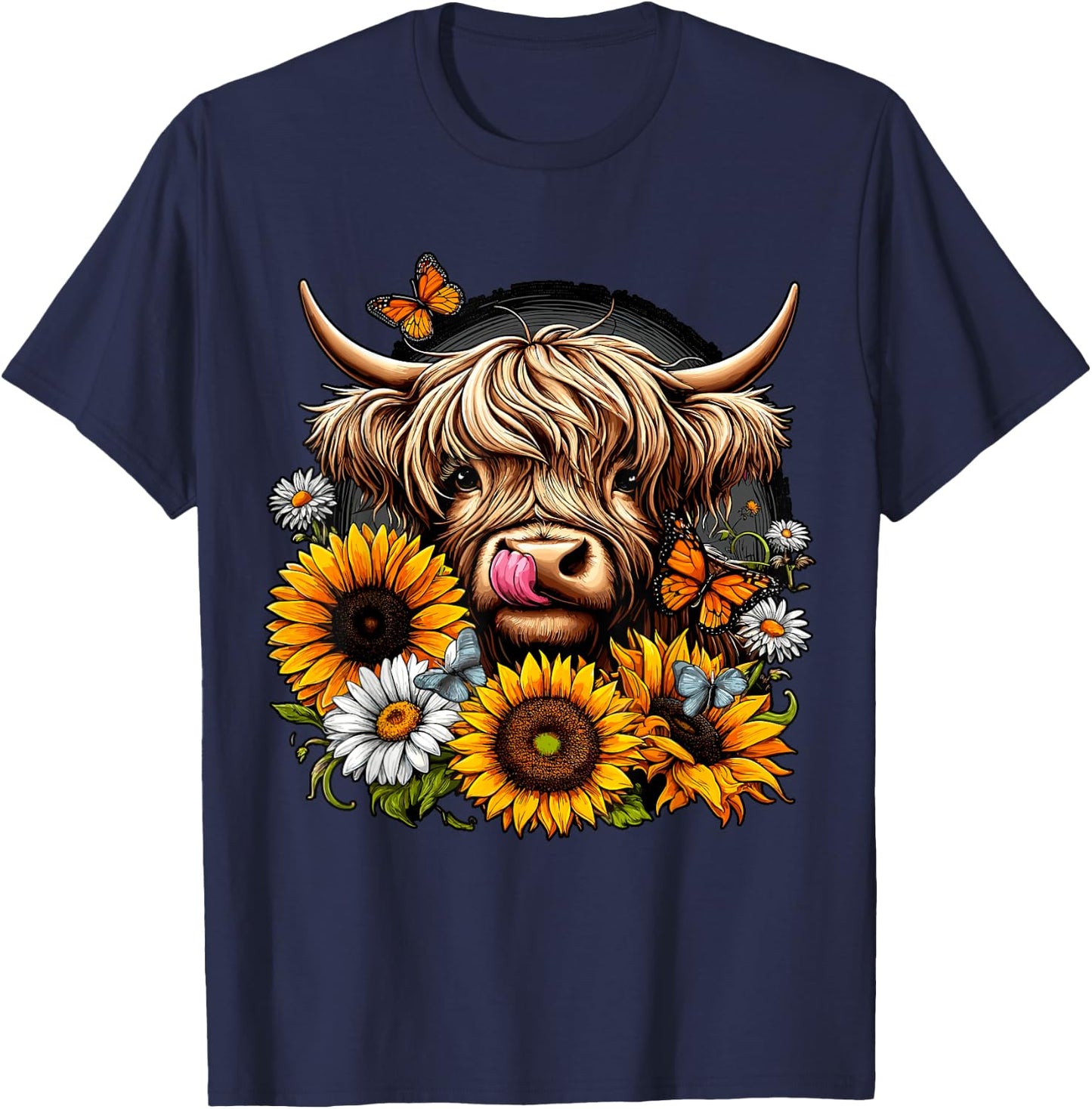Highland Cow with Sunflowers and Butterflies T-Shirt - T-Shirt | Navy