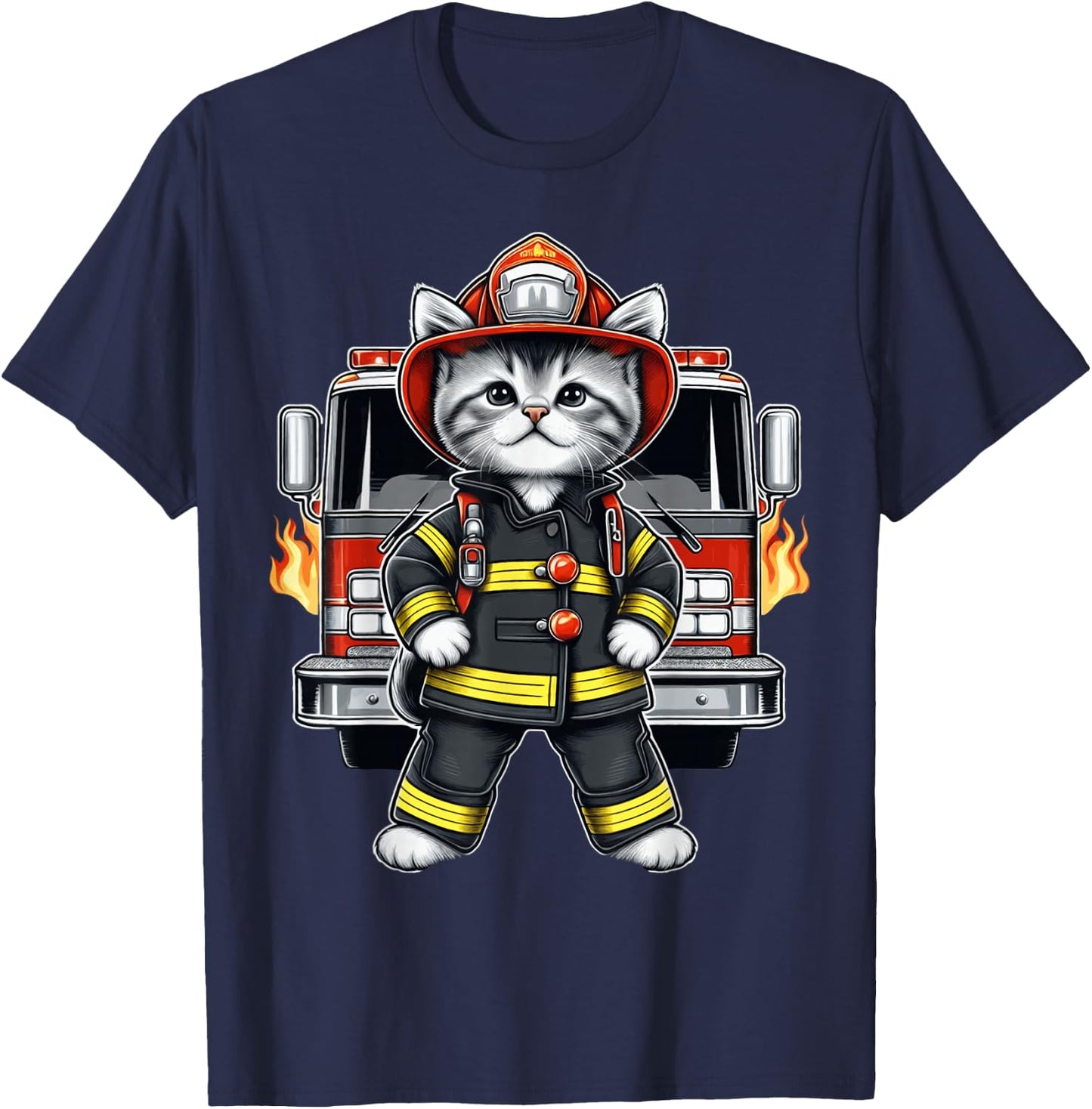 Brave Kitten Firefighter Cute Heroic Cat Adorable Firetruck T-Shirt - T-Shirt | Navy