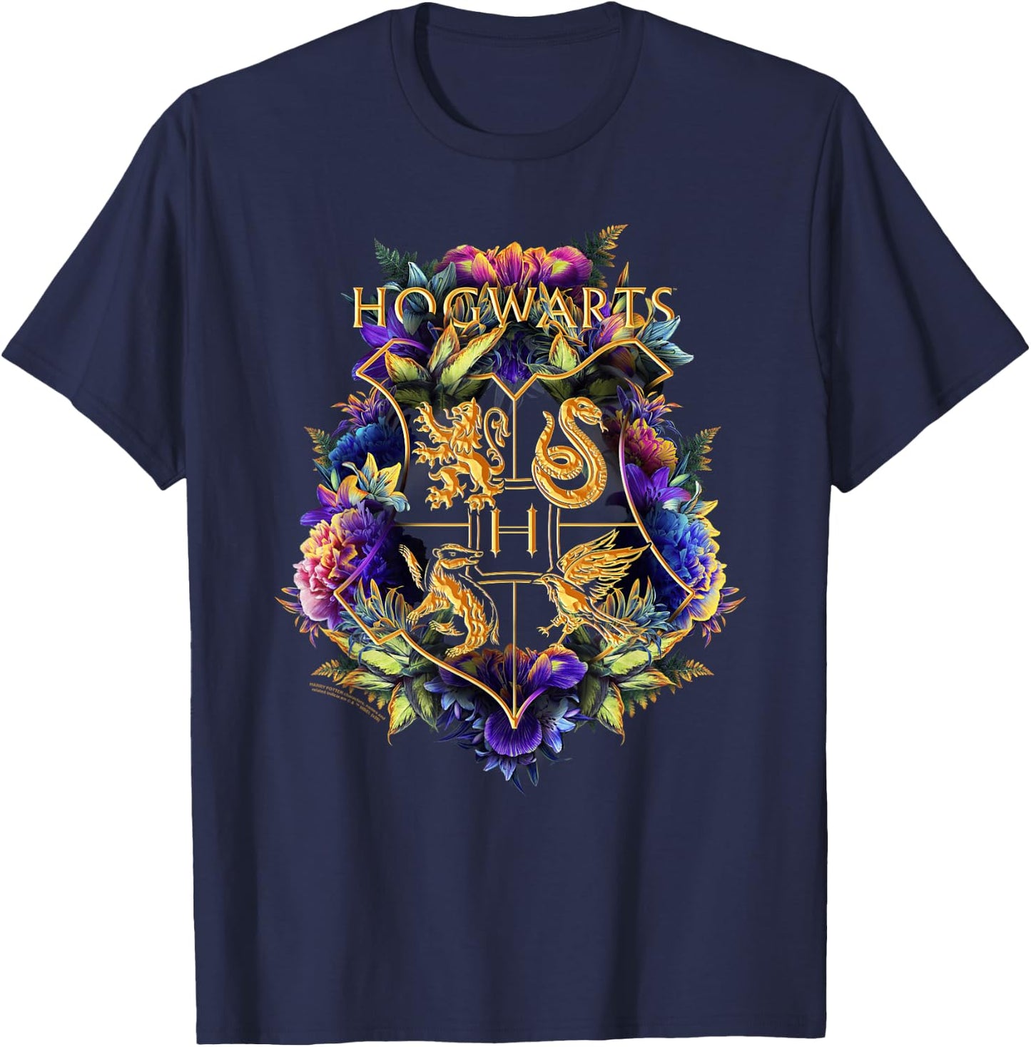 Harry Potter Hogwarts Multi-Colored Floral Crest T-Shirt - T-Shirt | Navy