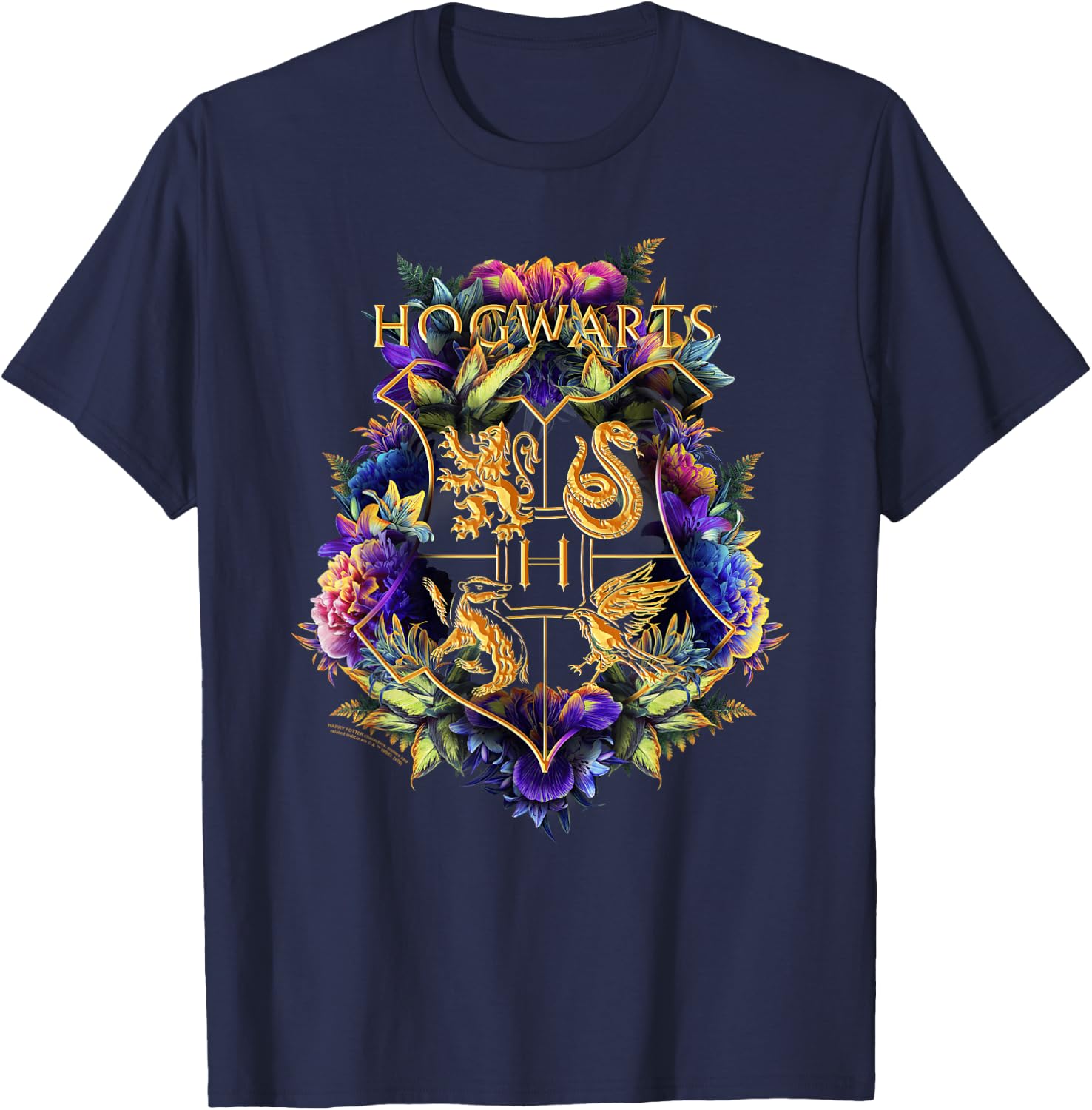 Harry Potter Hogwarts Multi-Colored Floral Crest T-Shirt - T-Shirt | Navy