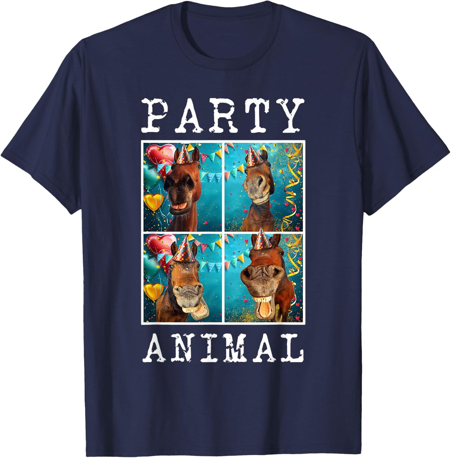 Horses Face Colorful Farm Animal Party Hat Horse Farming T-Shirt - T-Shirt | Navy