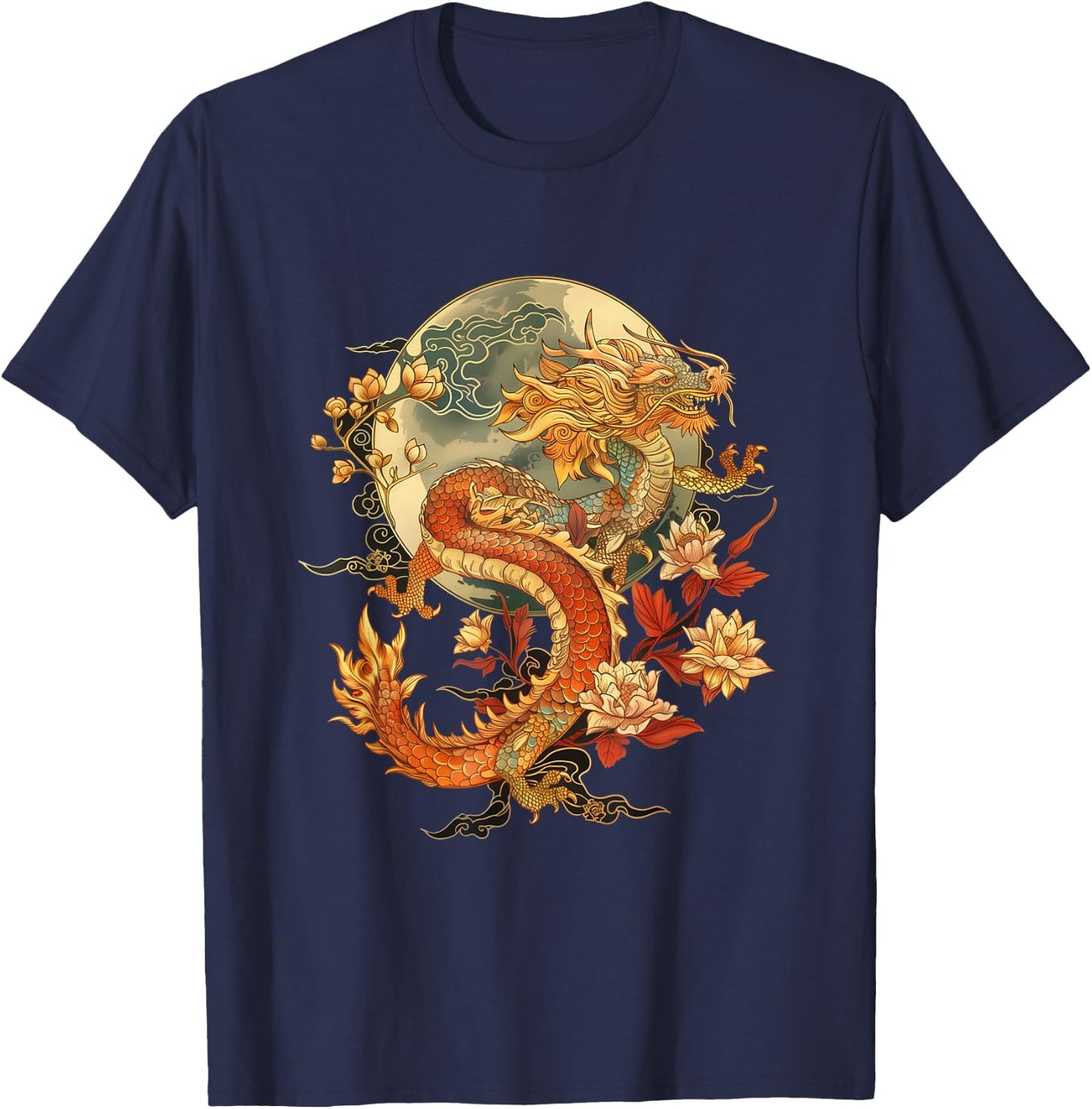 Crimson Lunar Floral Dragon Art Noveau T-Shirt - T-Shirt | Navy