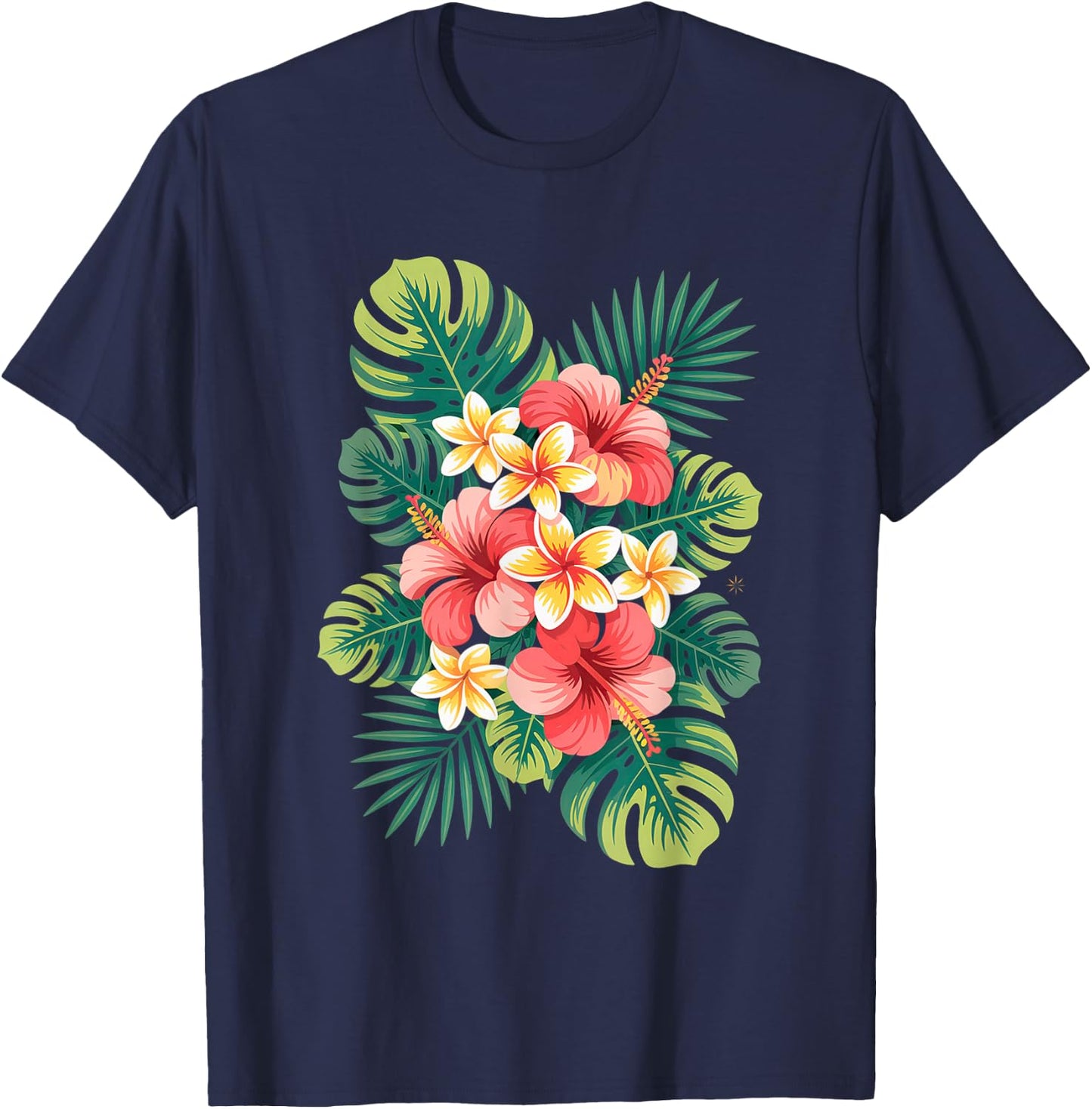Tropical Flower Cluster Hibiscus and Plumeria Summer Design T-Shirt - T-Shirt | Navy