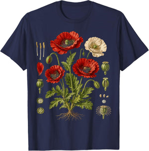Vintage Red Poppy Botanical Chart T-Shirt - T-Shirt | Navy