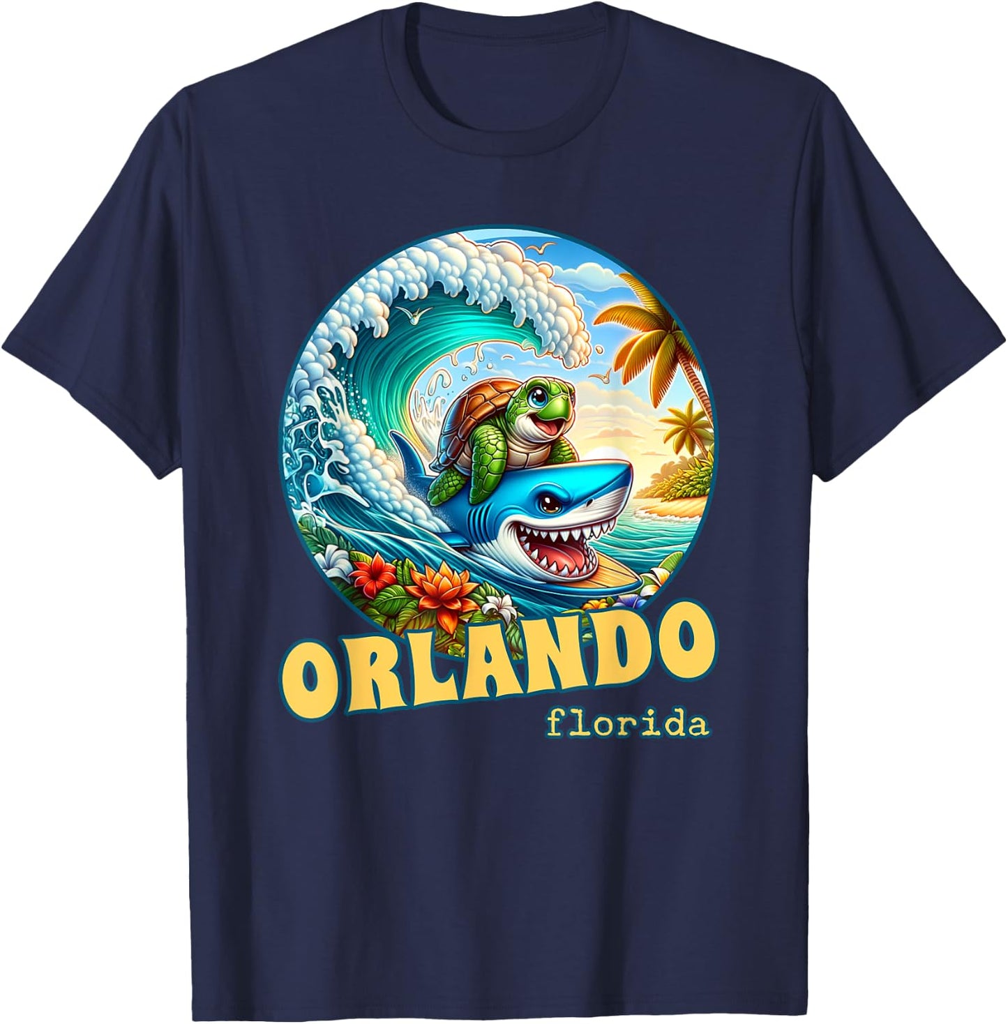 Orlando Florida Surfing Sea Turtle and Shark T-Shirt - T-Shirt | Navy