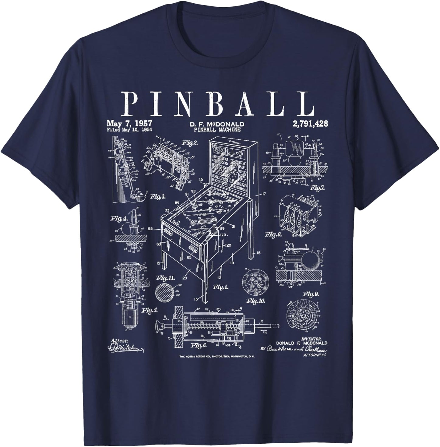 Pinball Arcade Gaming Machine Vintage Gamer Patent Print T-Shirt - T-Shirt | Navy