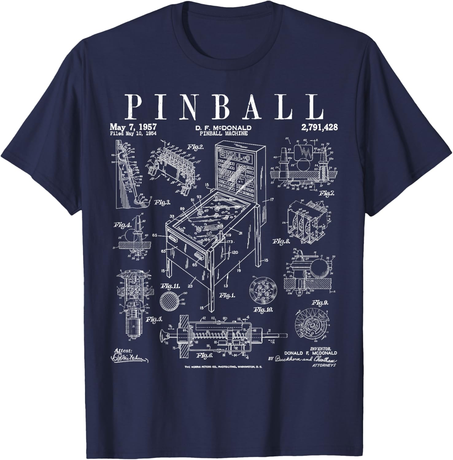 Pinball Arcade Gaming Machine Vintage Gamer Patent Print T-Shirt - T-Shirt | Navy