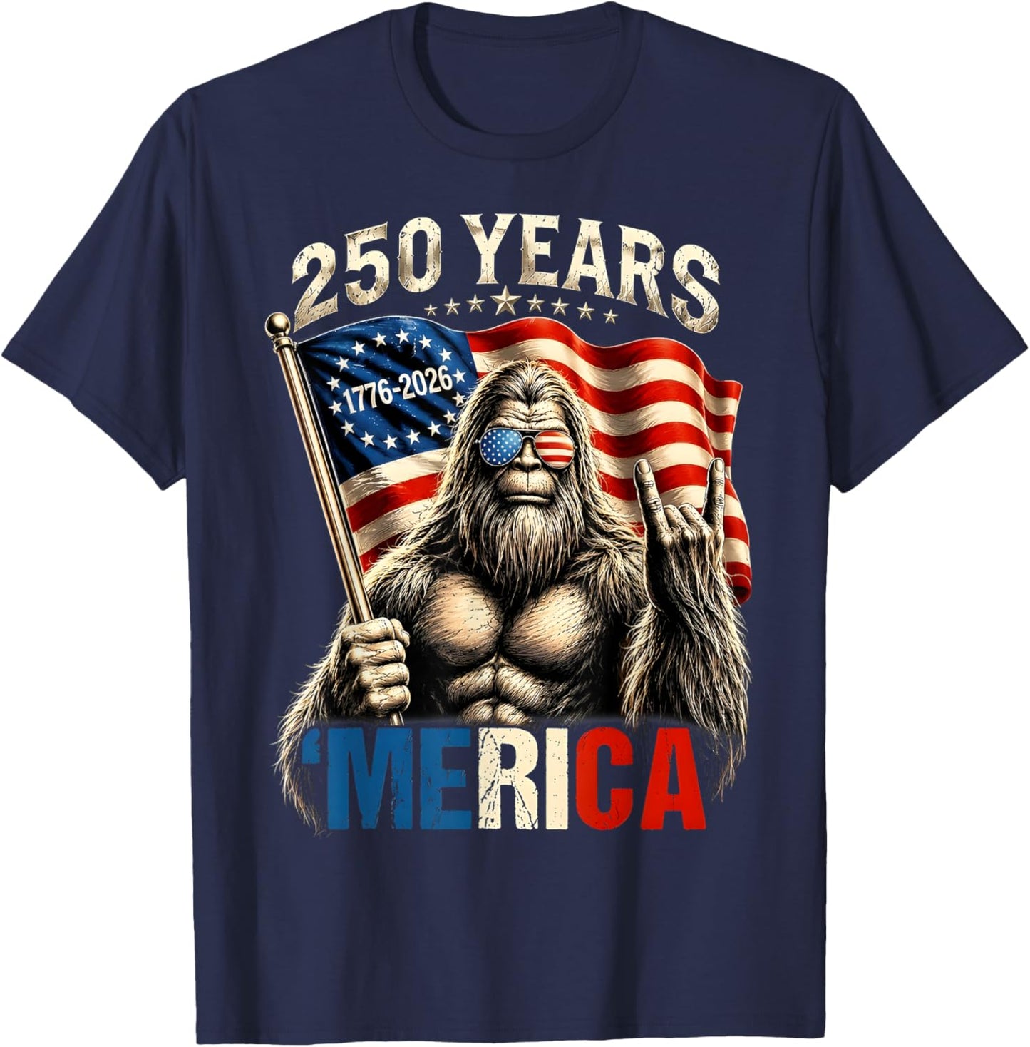 Bigfoot Patriotic 250 Years of Freedom American USA Flag T-Shirt - T-Shirt | Navy