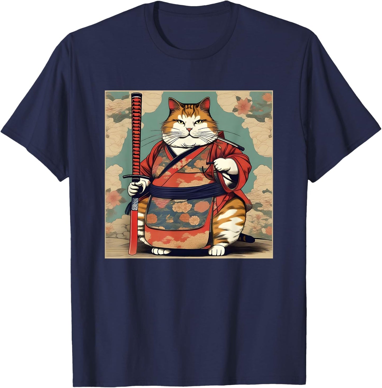 Funny Fat Cat Samurai katana Fat Kitten Cat Lover T-Shirt - T-Shirt | Navy