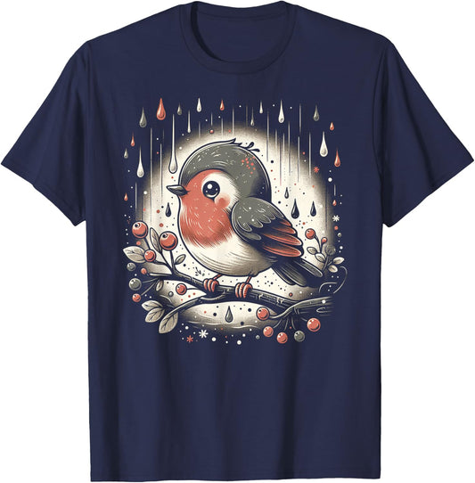 Whimsical Robin in Rain T-Shirt - T-Shirt | Navy