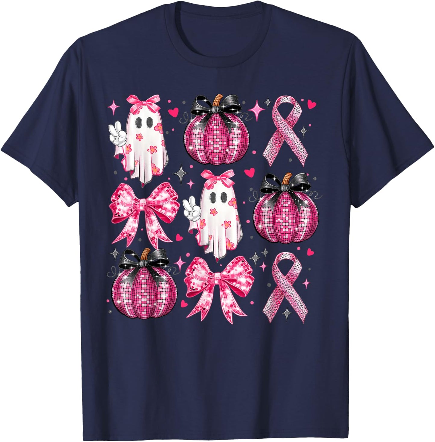 Halloween Pumpkin Pink Ribbon Disco Ghost Bow Breast Cancer T-Shirt - T-Shirt | Navy