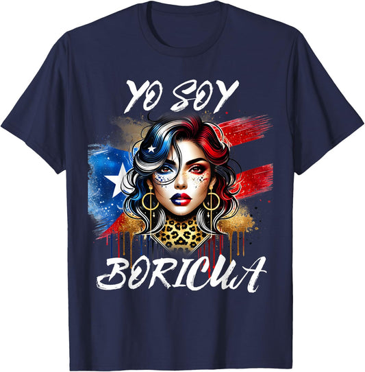 Puerto Rican Woman Yo Soy Boricua Puerto Rico Flag Hispanic T-Shirt - T-Shirt | Navy