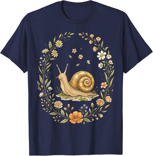 Snail Cottagecore Floral Nature T-Shirt - T-Shirt | Navy