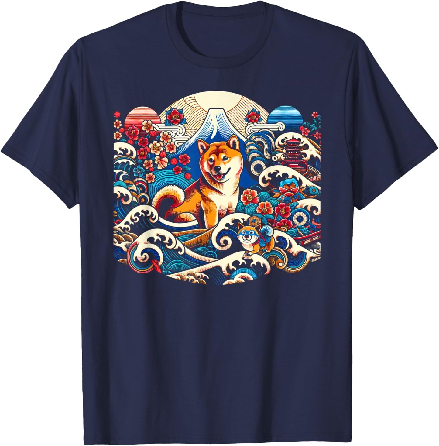 Playful Shiba Inu in Japanese Art Style T-Shirt - T-Shirt | Navy