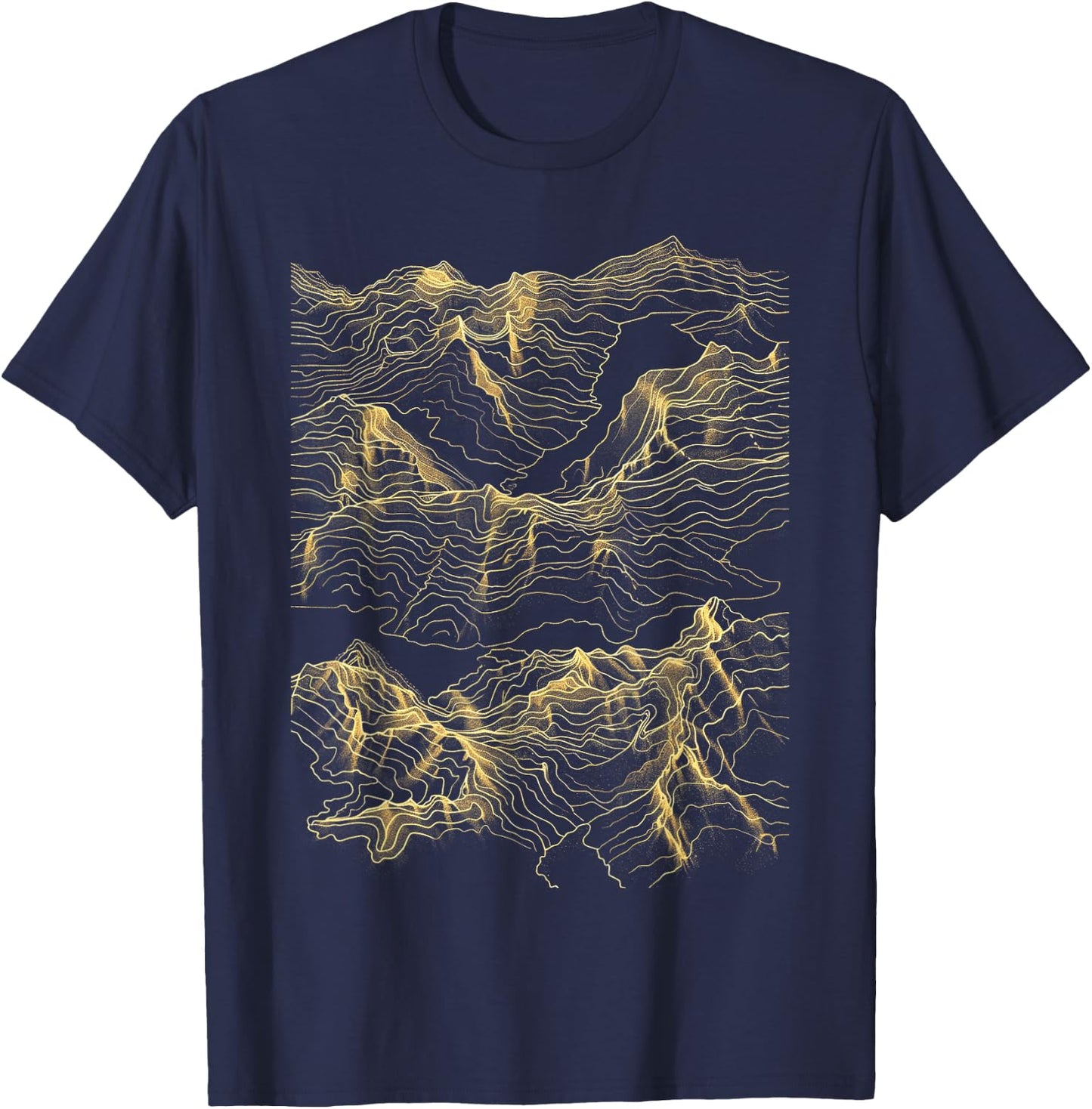 Mountain Range Abstract Art Minimalist Gold Lines - -Adults, Black, Small, Short Sleeve, Topographic Map T-Shirt - T-Shirt | Navy