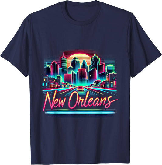 New Orleans Louisiana Shirt LA 80s 90s Retro City Skyline T-Shirt - T-Shirt | Navy