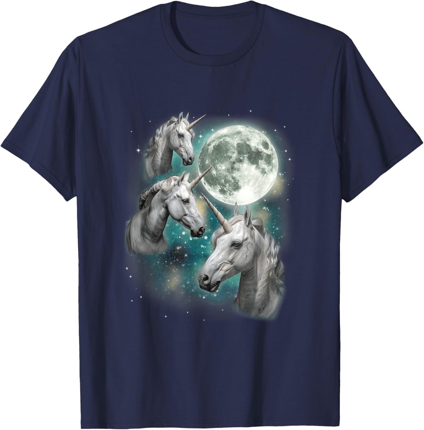 Three Unicorn Moon | 3 Magical Fantasy Mythic Horned Unicorn T-Shirt - T-Shirt | Navy