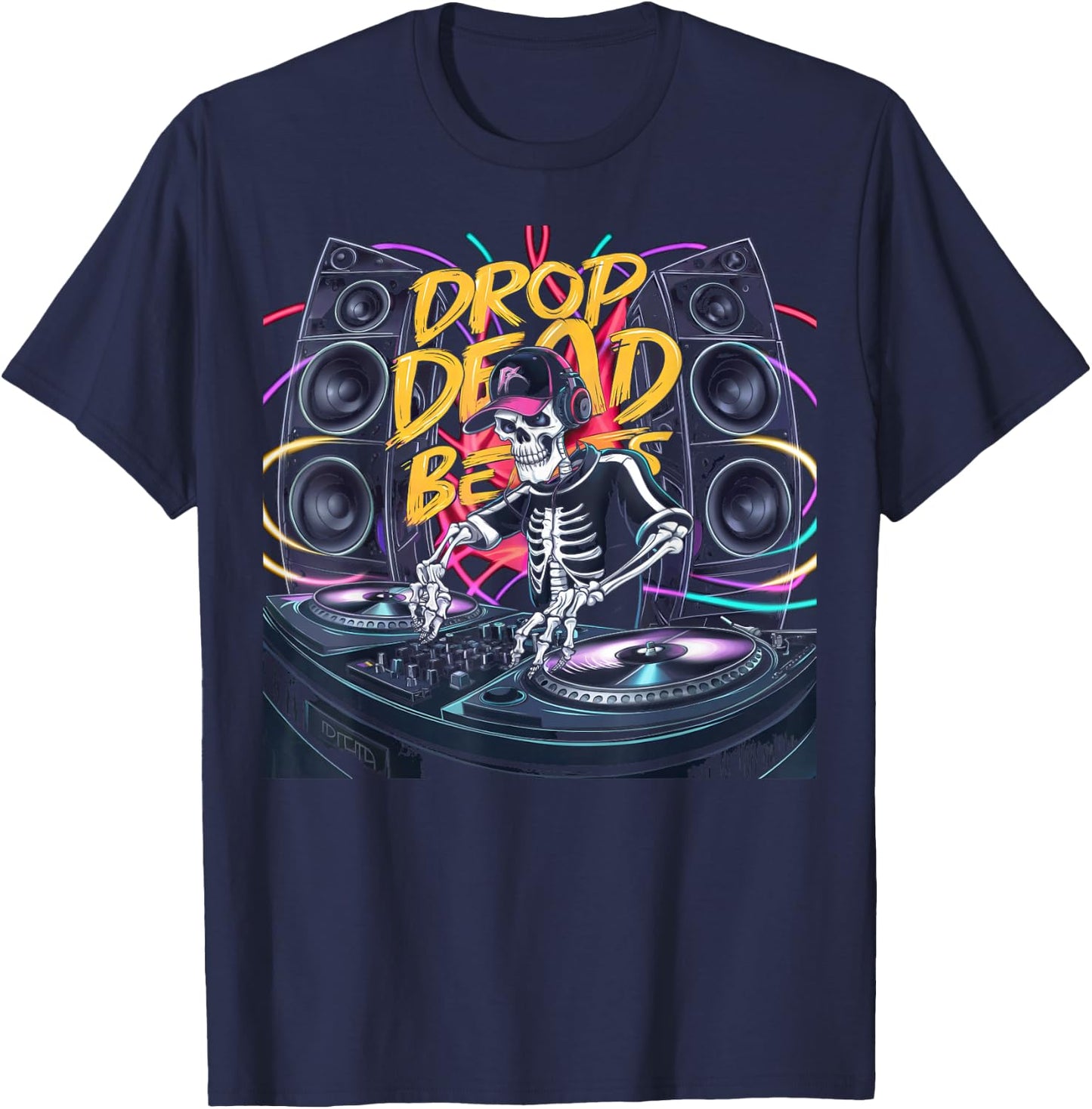 Drop Dead Beats Halloween Skeleton DJ Party Music T-Shirt - T-Shirt | Navy