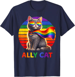 Pride LGBT Ally Cat Fun Rainbow Colorful Men Women Kid T-Shirt - T-Shirt | Navy