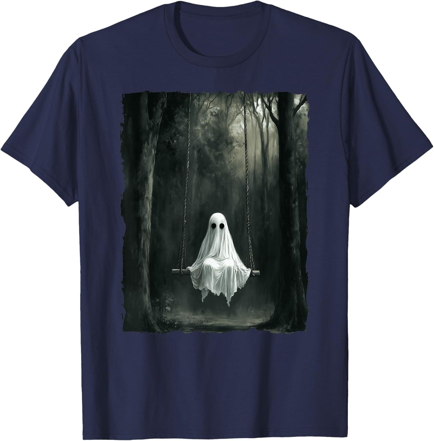 Vintage Floral Ghost On Swing In Forest Spooky Halloween T-Shirt - T-Shirt | Navy