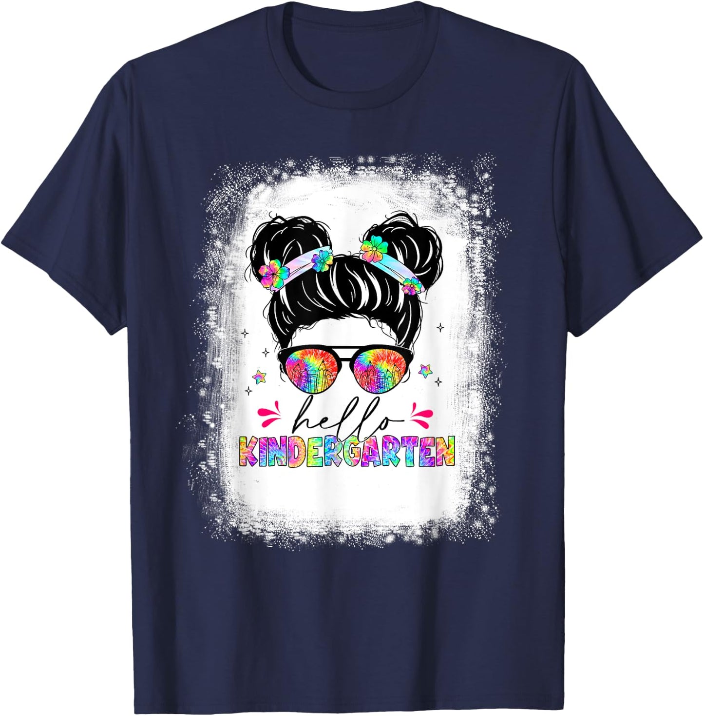 Hello Kindergarten shirt messy bun tie dye back to school T-Shirt - T-Shirt | Navy