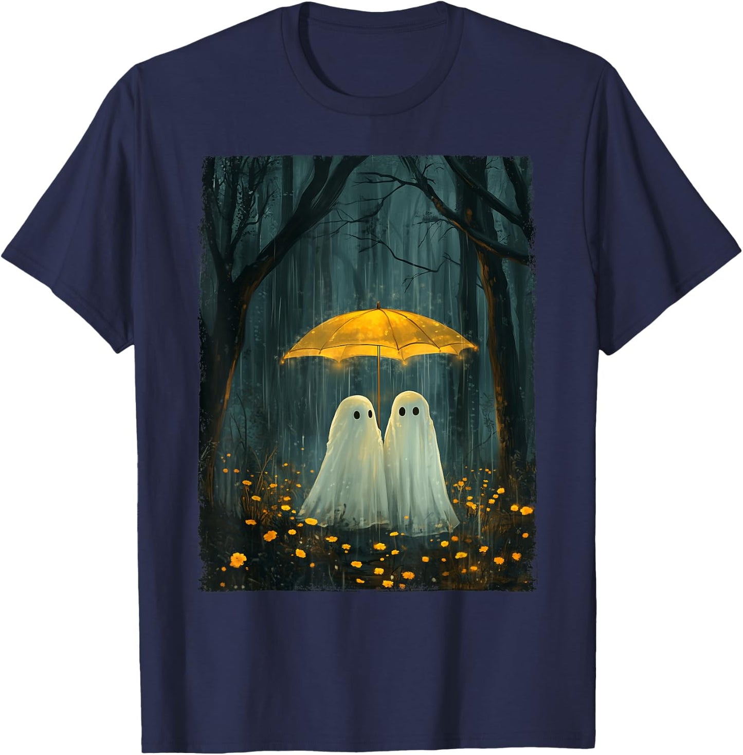 Floral Ghost Holds Umbrella Couple Spooky Season Women Men T-Shirt - T-Shirt | Navy