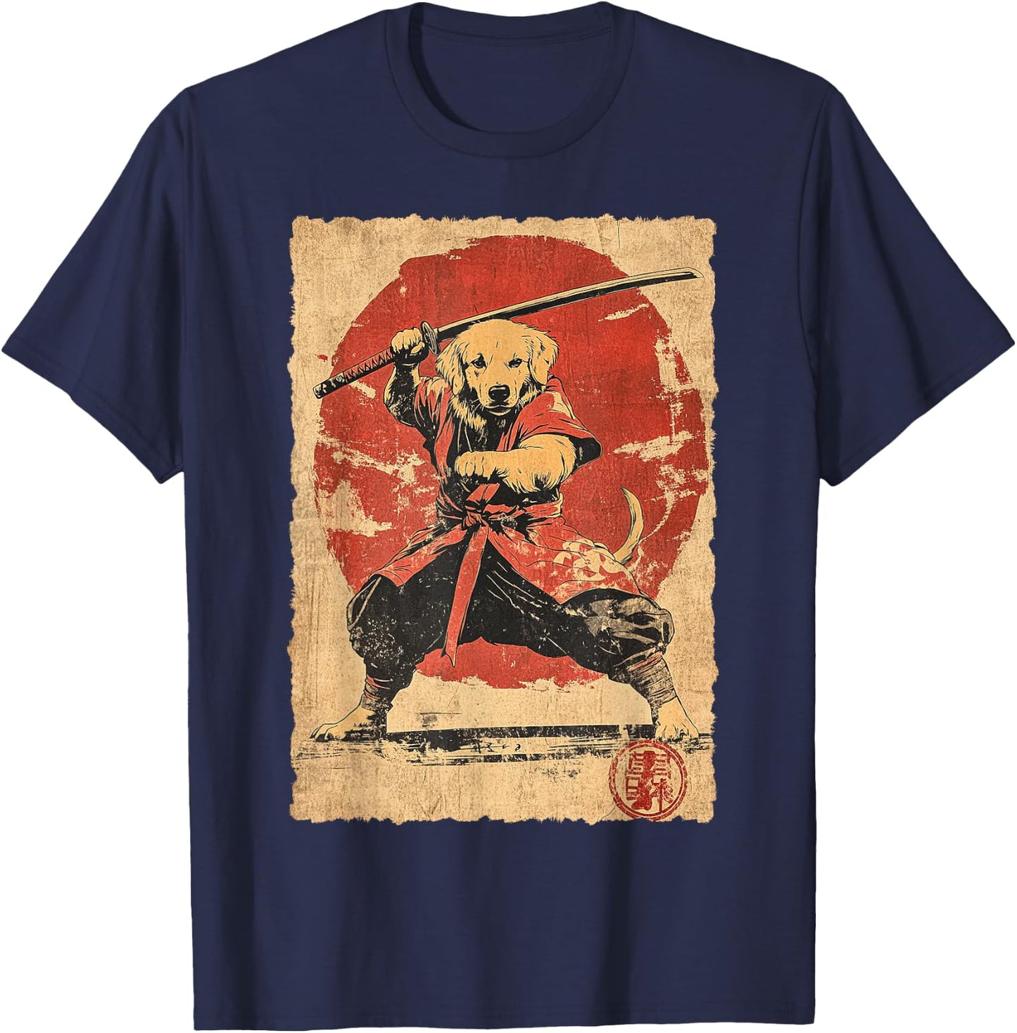 Vintage Japanese Art Golden Retriever Ninja Samurai Warrior T-Shirt - T-Shirt | Navy