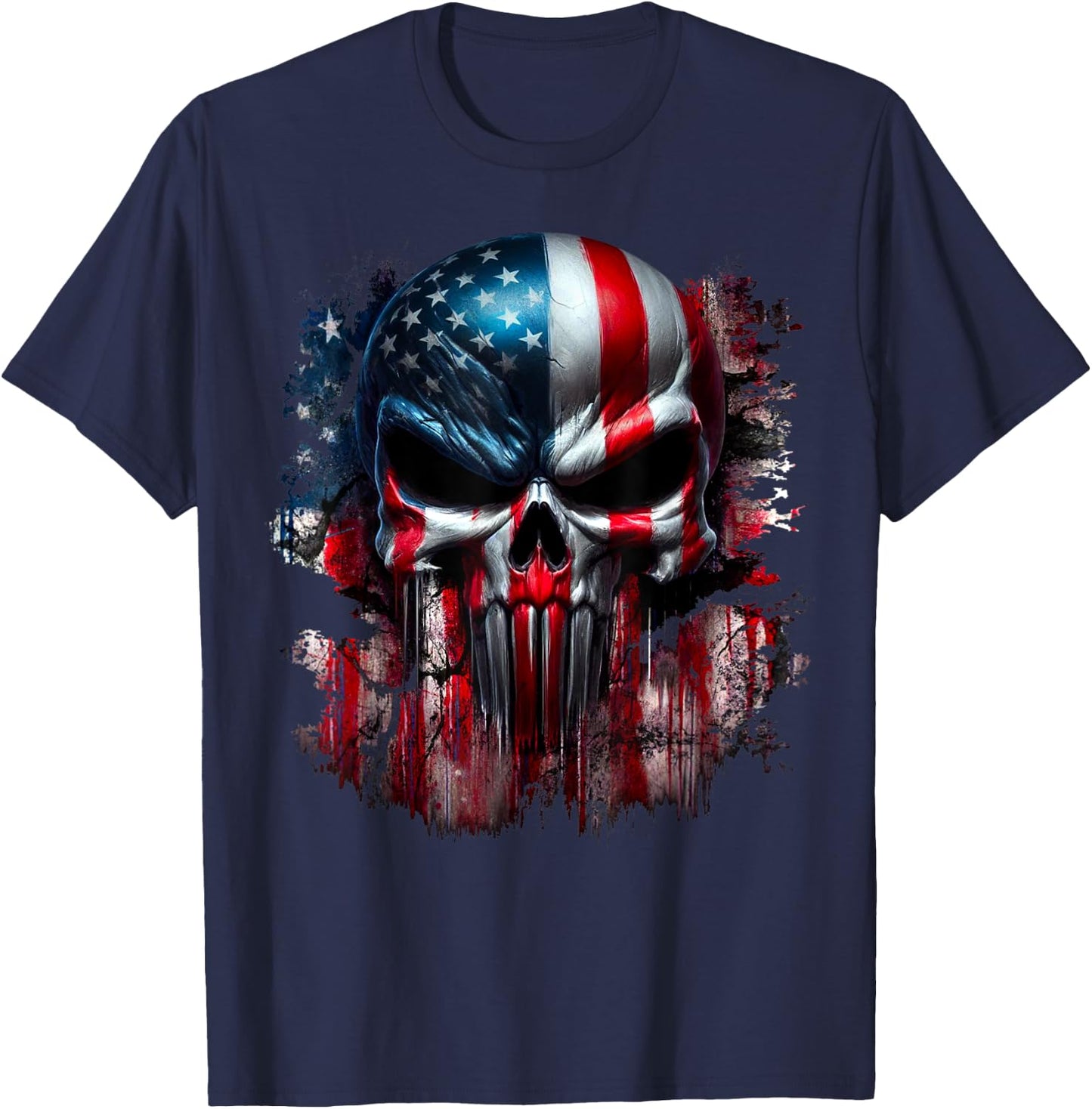 American Skull Patriotic Flag USA Grunge Reaper Graphic Women Men T-Shirt - T-Shirt | Navy