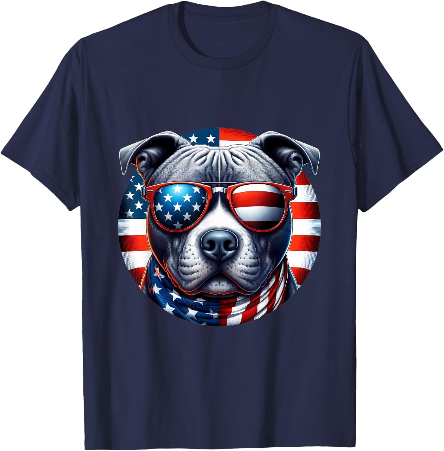 4th of July Pit Bull Wearing Sunglasses American Flag Bully T-Shirt - T-Shirt | Navy