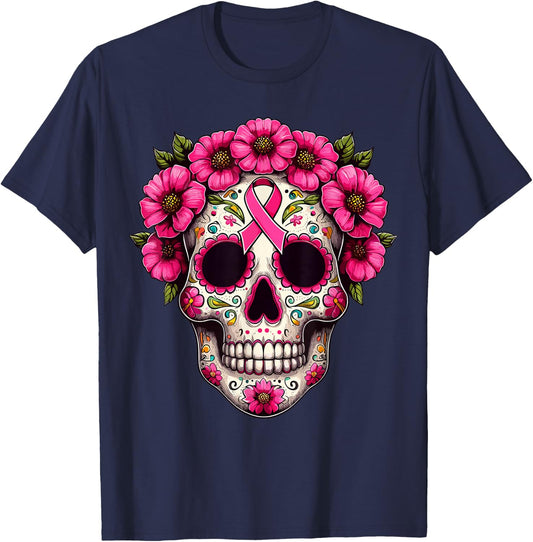 Sugar Skull Pink Ribbon Calavera Breast Cancer Awareness T-Shirt - T-Shirt | Navy