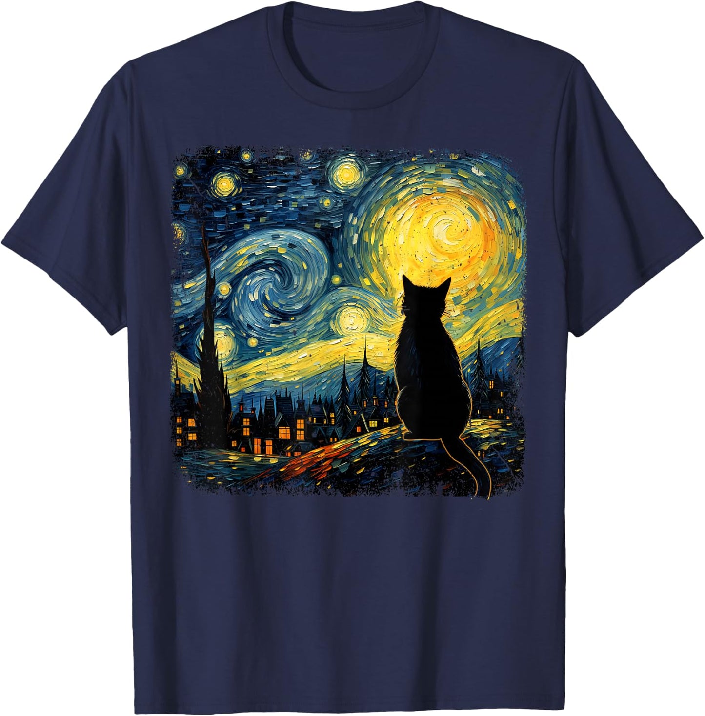 Cat Starry Night Van Gogh Cat For Cat Lover Cat Mom Cat Dad T-Shirt - T-Shirt | Navy