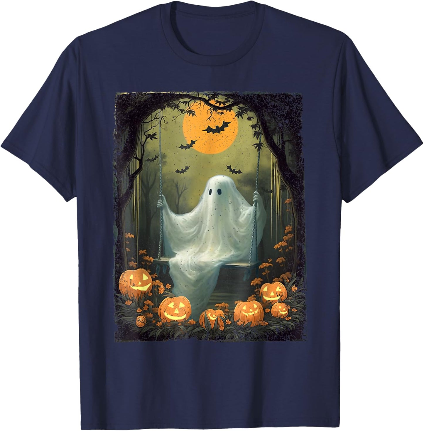 Vintage Floral Ghost On Swing In Forest Halloween Pumpkin T-Shirt - T-Shirt | Navy