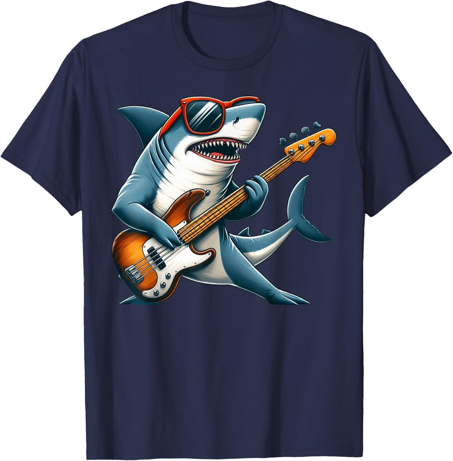 Funny Electric Guitar Lover Graphic Of A Shark Playing Bass T-Shirt - T-Shirt | Navy